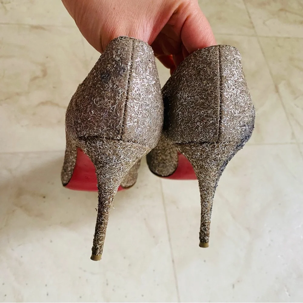 Christian Louboutin Silver Glitter Gold Spikes Pointed Toe Pumps Heels 7.5/37.5
